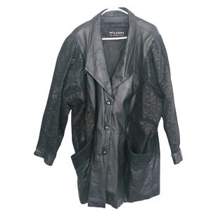 Wilsons Leather Experts Black Floral Embossed Leather Jacket 2X Vintage Longline